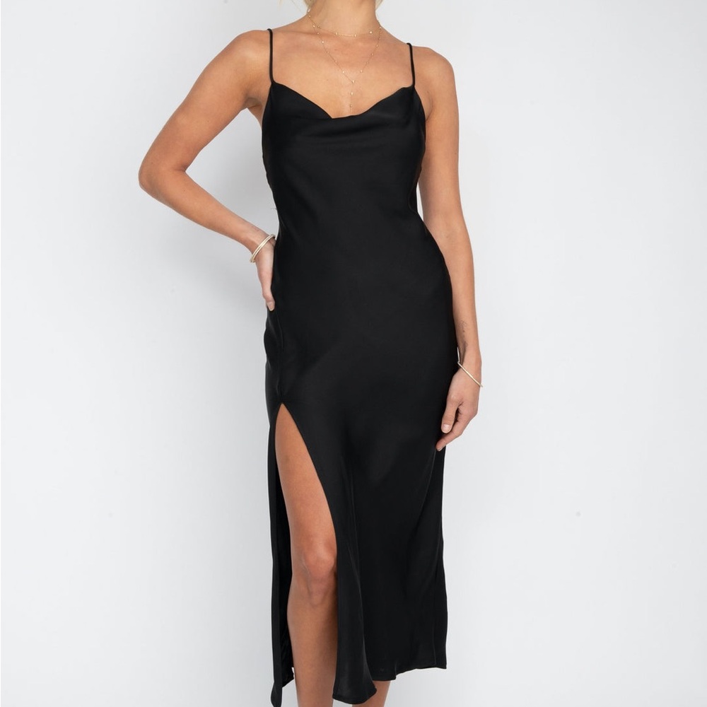 RESA Black Midi Slip Dress with Slit and Cowl Neck